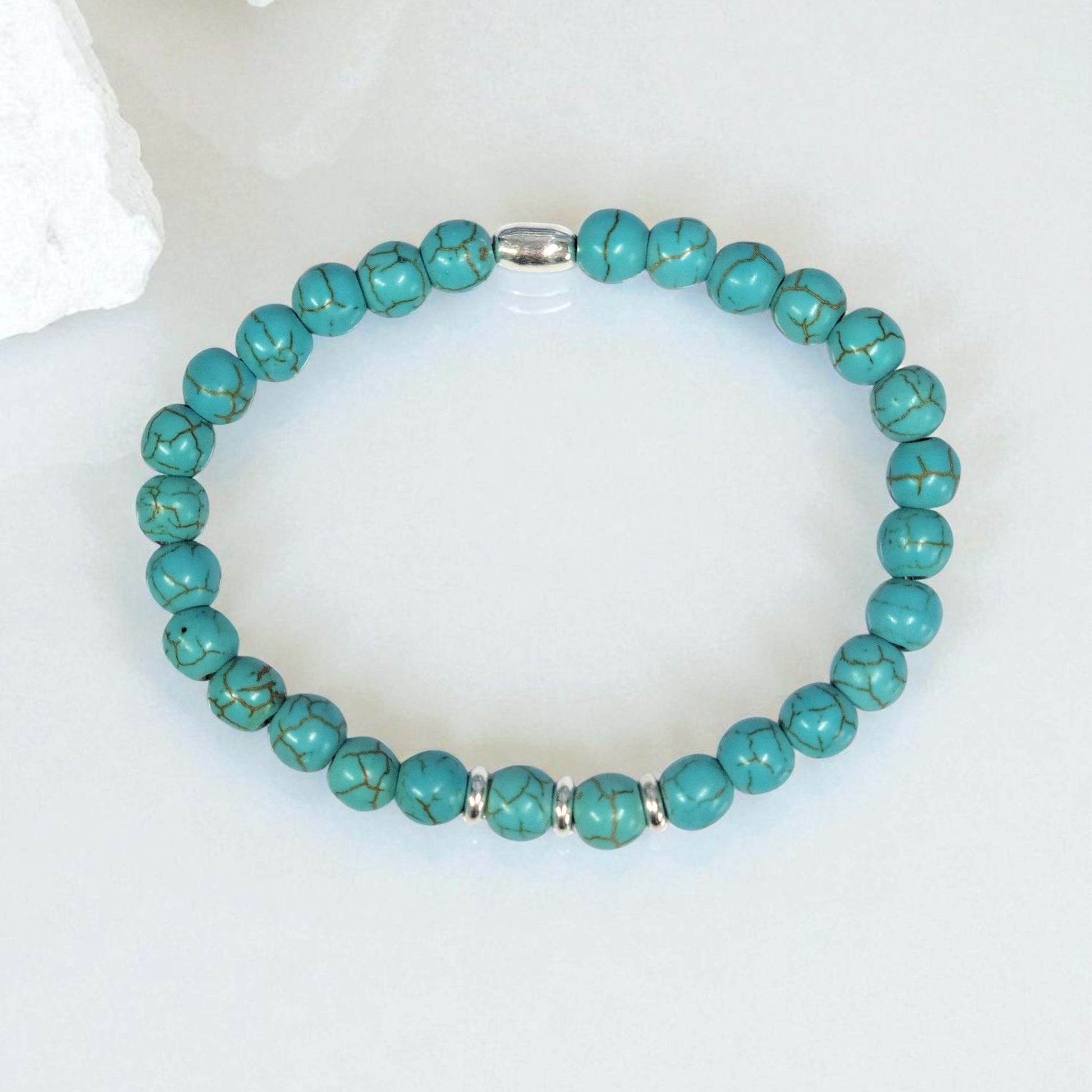 Turquoise Stretch Beaded Bracelet – Natural Healing Crystal 6mm with Sterling Silver 925