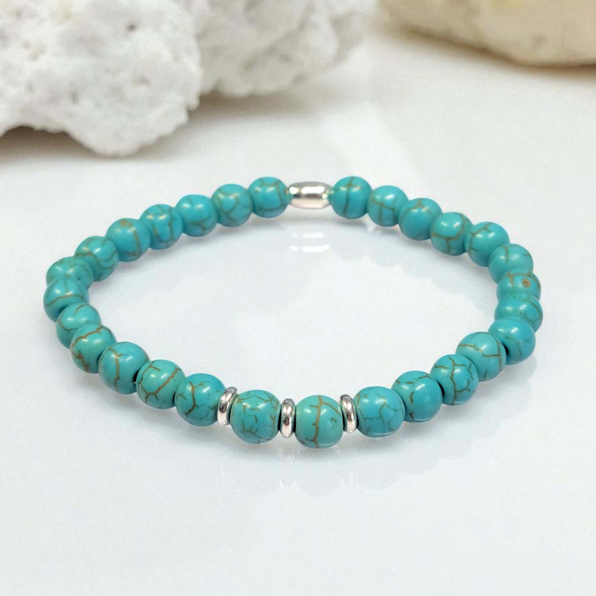 Turquoise Stretch Beaded Bracelet – Natural Healing Crystal 6mm with Sterling Silver 925