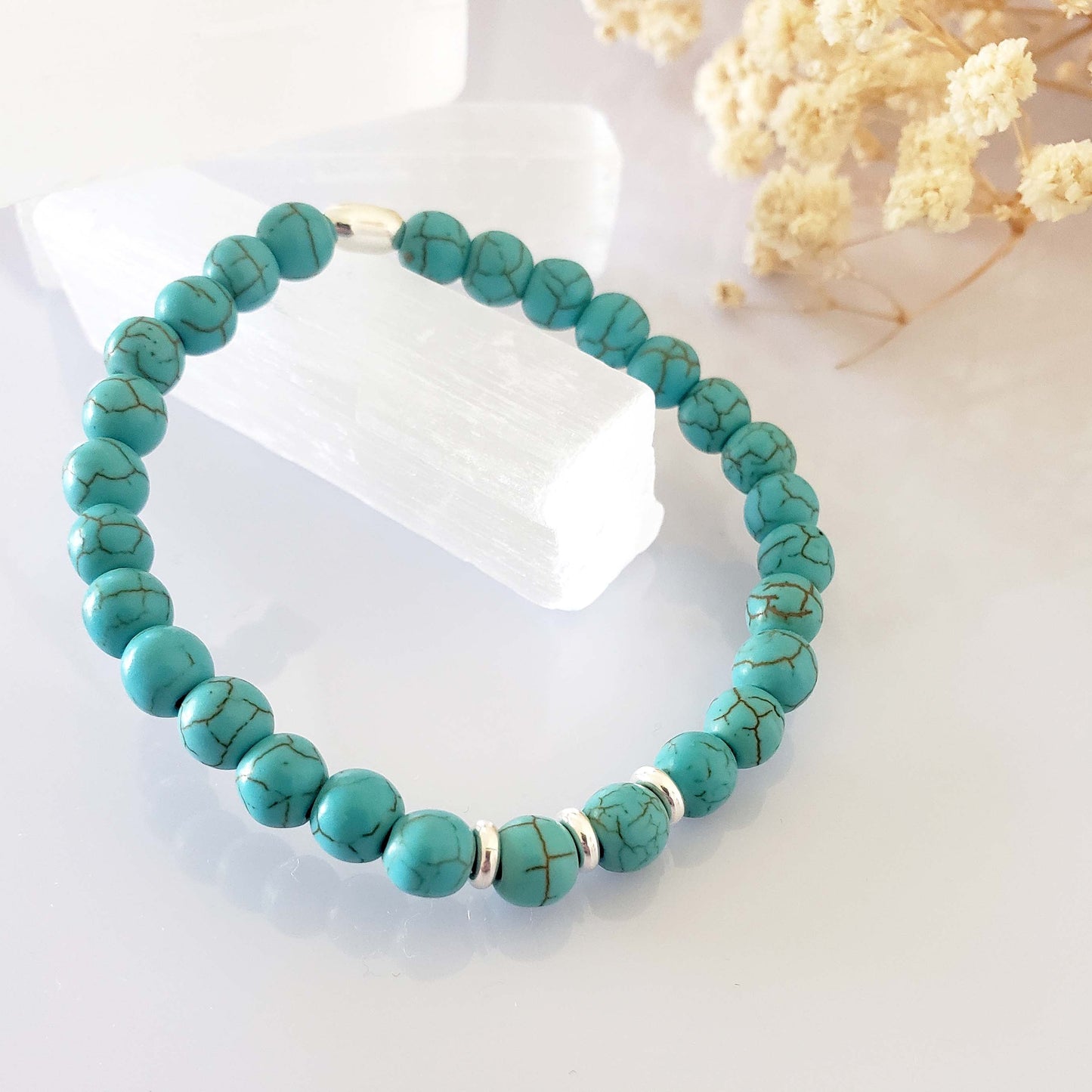 Turquoise Stretch Beaded Bracelet – Natural Healing Crystal 6mm with Sterling Silver 925