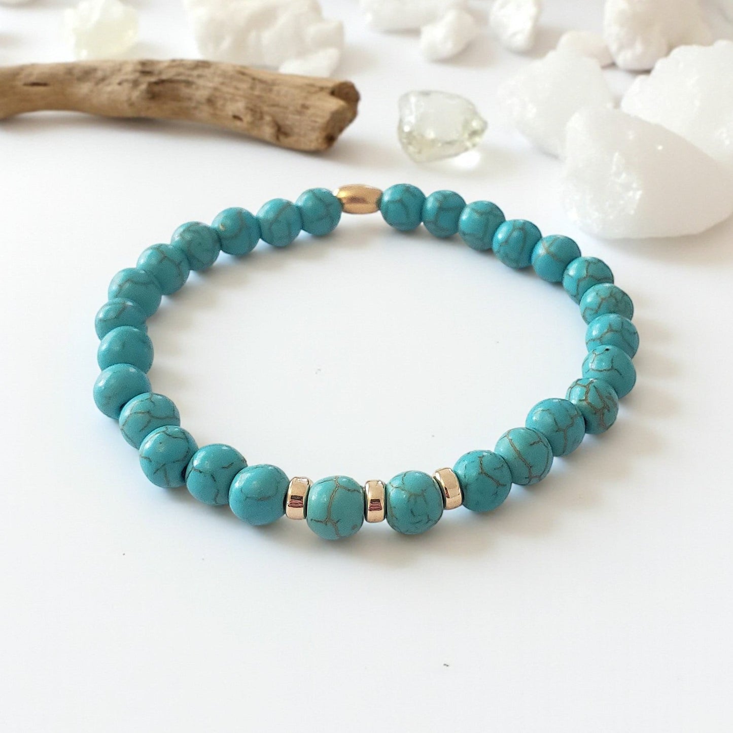SanaBelle® Turquoise Healing Bracelet – 6mm Natural Gemstones with Gold Accents