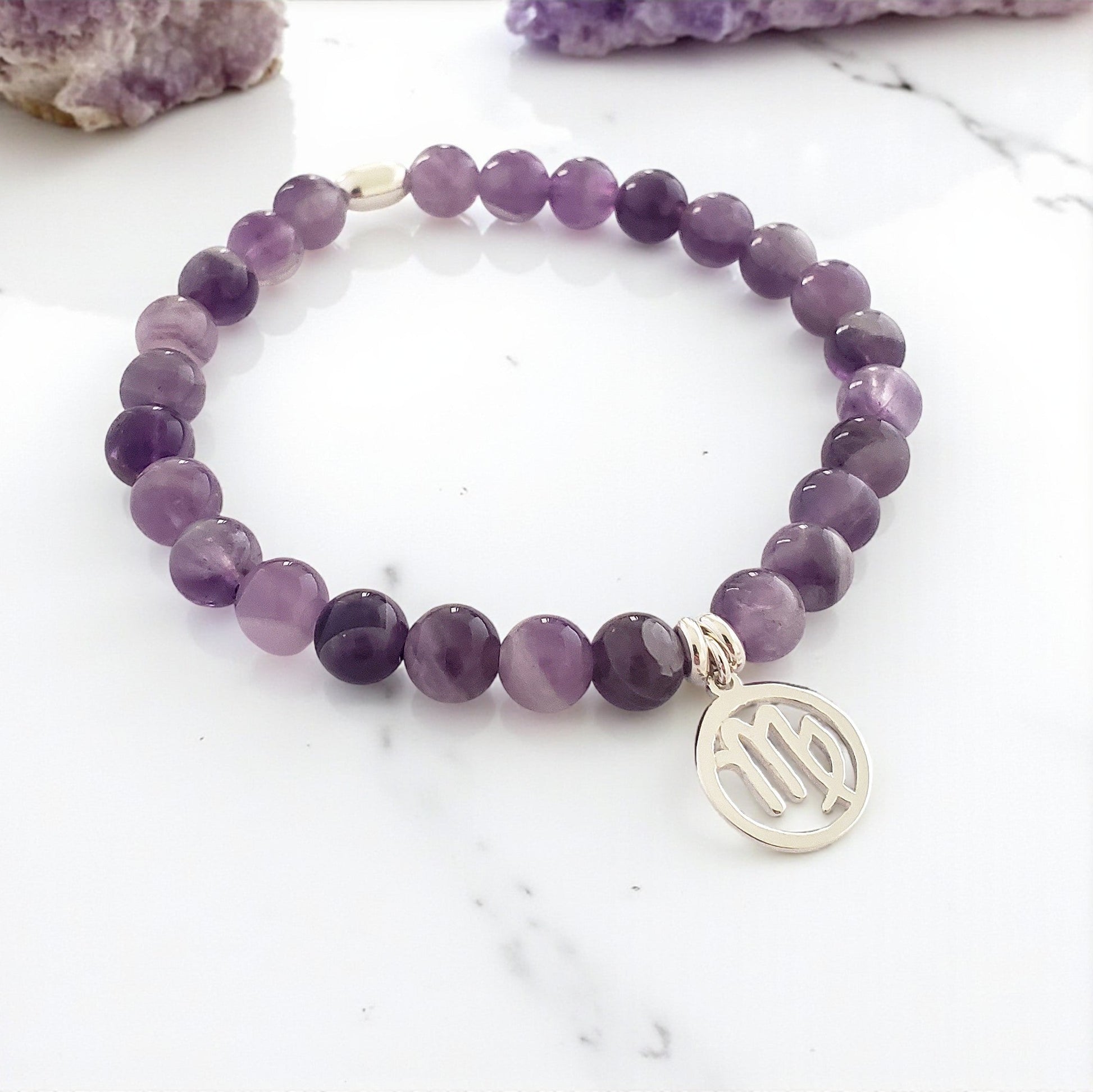SanaBelle® Virgo Zodiac Healing Bracelet – 6mm Amethyst Gemstones with Silver Accents